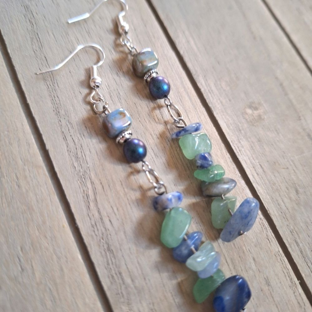Blue Green Crystal Dangle Earrings Lapis Jade Silver Plated Jewelry Boho Artsy